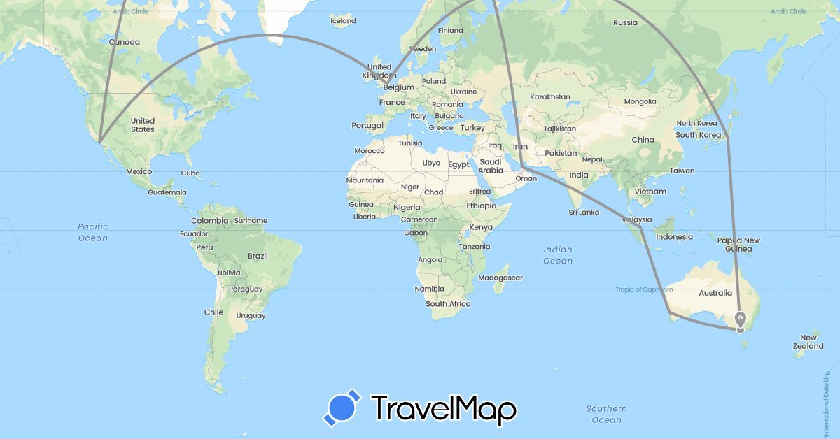 TravelMap itinerary: driving, plane in United Arab Emirates, Australia, United Kingdom, Japan, Singapore, United States (Asia, Europe, North America, Oceania)